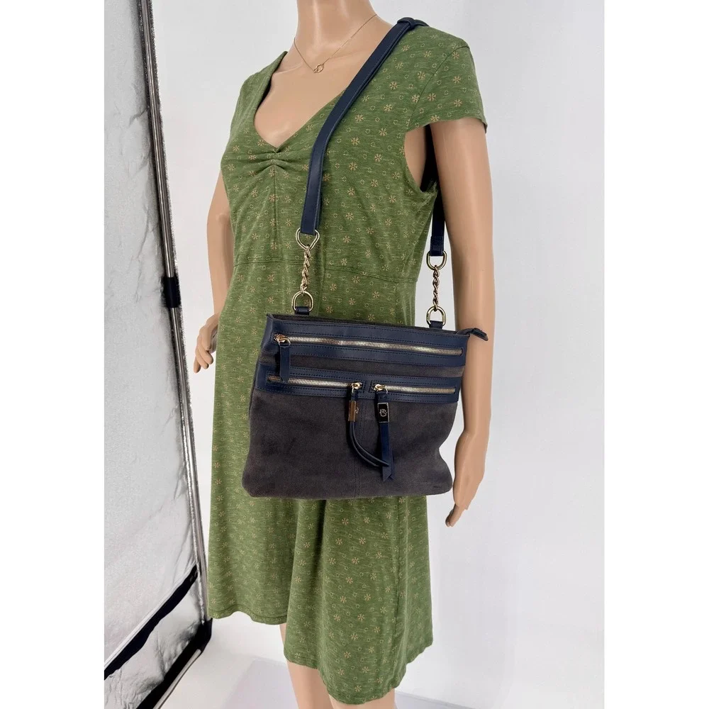 Spartina 449 ‎ Navy Gray Leather Suede Crossbody Bag Gold Hardware